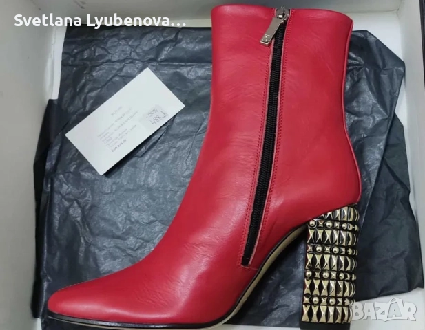 Дамски червени боти със златен ток от естествена кожа на Роб. Ботичели, снимка 2 - Дамски боти - 52244386