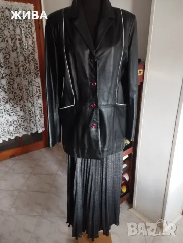 ЕСТЕСТВЕНА КОЖА дамско черно дълго сако