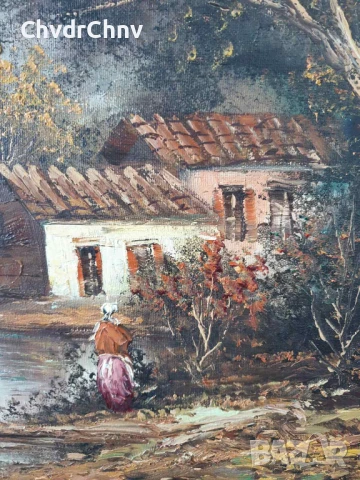 80х68см/голяма картина масло върху платно/горски пейзаж/къщи-река-дървета/дървена рамка, снимка 6 - Картини - 50852750