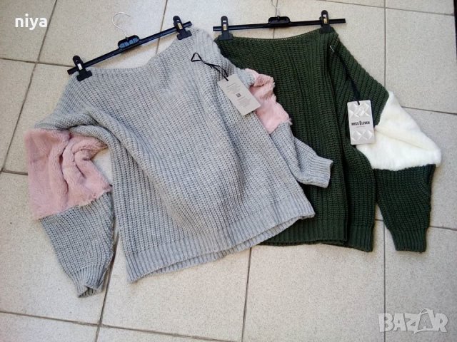 Пуловер със естествен пух на ръкава в черно и зелено - ( М, Л и ХЛ), снимка 2 - Блузи с дълъг ръкав и пуловери - 26613300