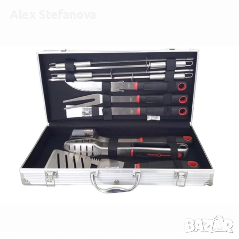 Луксозен комплект от 11 инструмента за барбекю в алуминиев куфар, снимка 4 - Прибори за хранене, готвене и сервиране - 52815228