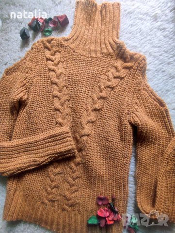 Дамски пуловер с голи рамене в цвят кафяв Рр S, снимка 1 - Блузи с дълъг ръкав и пуловери - 43284599