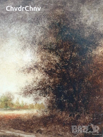 48х41см/малка стара картина масло върху фазер/горски пейзаж/път-река/барокова дървена рамка, снимка 5 - Картини - 51432554