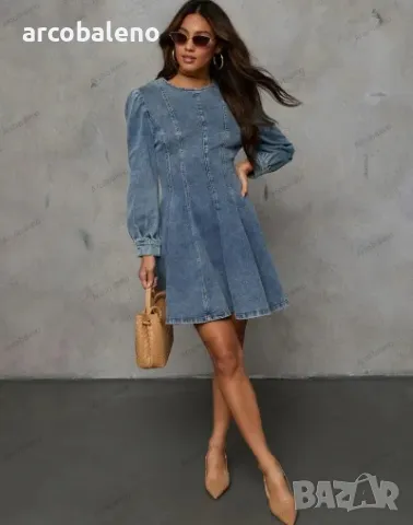 Модна дамска дънкова рокля с дълги ръкави с талия в пачуърк, 2цвята , снимка 8 - Рокли - 47696054