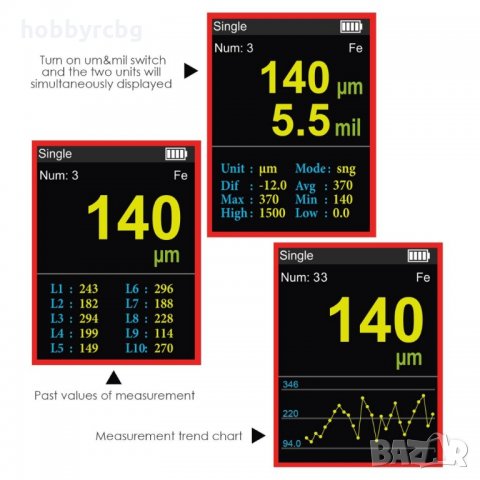 CTM-275 Уред за измерване на дебелината на автобоя, HD цветен дисплей, снимка 6 - Други инструменти - 33331774