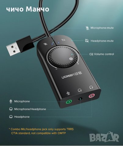 НОВ! UGreen USB external Stereo sound adapter, снимка 1 - Други - 32210569