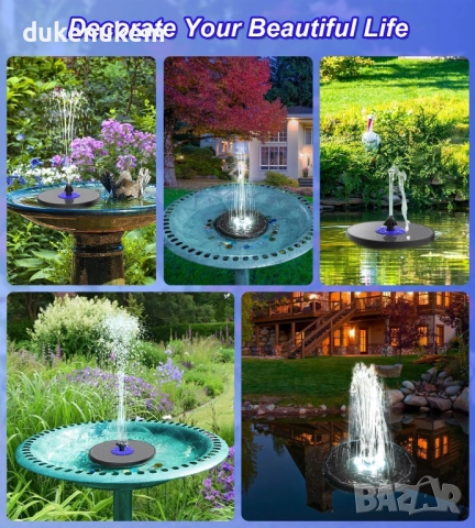 Соларен фонтан 3.5W, LED осветление, батерия 2200 mAh, 7 дюзи, снимка 6 - Градински мебели, декорация  - 52558939