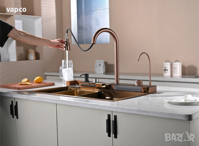 Розово злато - Мултифункционална кухненска мивка с двоен водопад, снимка 3 - Мивки - 52128836