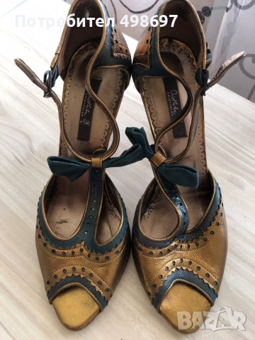 Елегантни сандали на ток, златни и сини, Cristhelen B. , 37 , снимка 1 - Сандали - 36687789