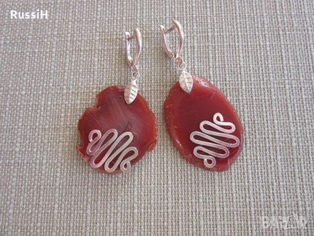 Сребърни обеци с ахат слайс, снимка 4 - Обеци - 35504972