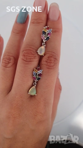 Сребърни обеци с многоцветен сапфир и опал от Тайланд, снимка 9 - Обеци - 53440822
