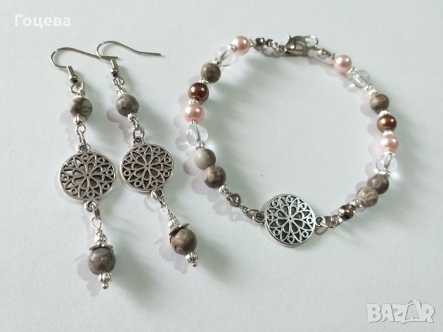 Прекрасен комплект бижута гривна и обици с Лечебният камък Майфанит и Планински кристали , снимка 3 - Бижутерийни комплекти - 32658900