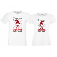 Комплект тениски за влюбени Happy Valentine day Gnomes, снимка 2 - Тениски - 33012752
