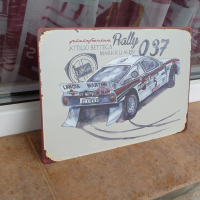 Метална табела кола рали Lancia Martini 037 Ланчия Pirelli следи от гуми, снимка 2 - Колекции - 44847521