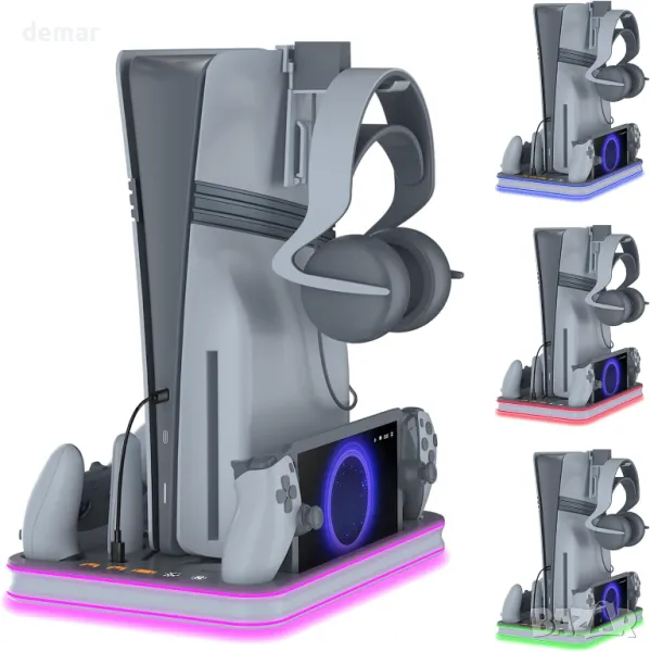 Докинг станция, зарядна и охлаждаща станция за PS5, RGB LED, стойка за слушалки и PS Portal, сива, снимка 1
