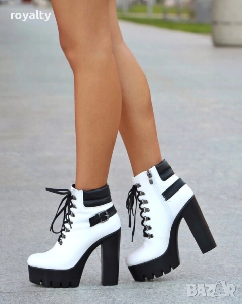 Боти на ток - бяла кожа с черно ходило, снимка 1