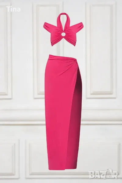 CLICHE- Сет от пола с възел и топ с кокосов ринг в розово, снимка 1