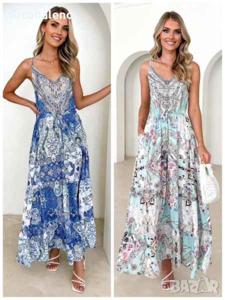 Дамска дълга рокля с щампи с V-образно деколте, 2цвята , снимка 1
