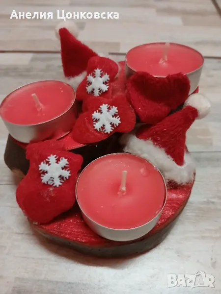 Троен коледен свещник в червено , снимка 1