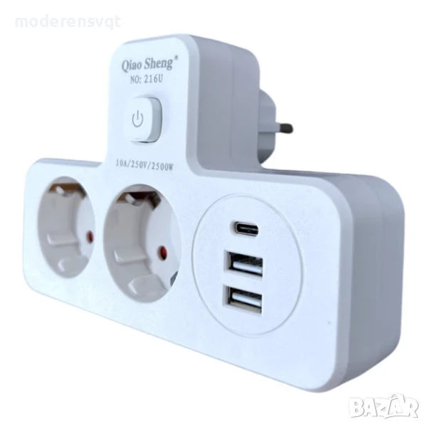 Щепсел 2500W с 2 гнезда, 2 x USB, 1 x USB-C FastCharge 20W, снимка 1