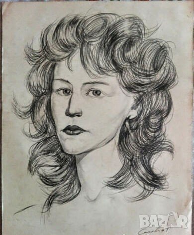 Стара авторска гафика, рисунка с молив, портрет жена, снимка 1