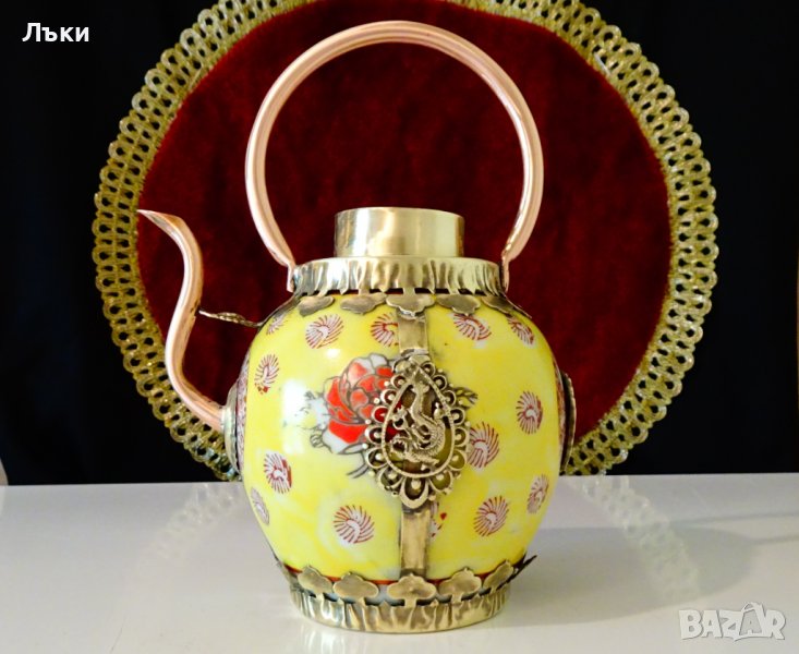 Тибетска порцеланова кана,чайник,обков мед и месинг. , снимка 1