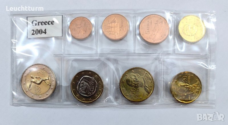 Пълен сет евромонети Гърция 2004 г. от 1 цент до 2 евро, снимка 1