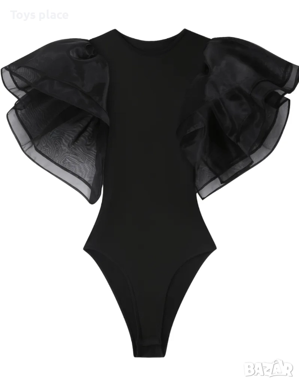 Боди с големи бухнали шифонени рамене, снимка 1