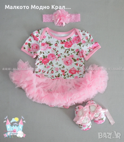 Комплект "Светли рози" боди рокличка, пантофки и лента за коса, снимка 1