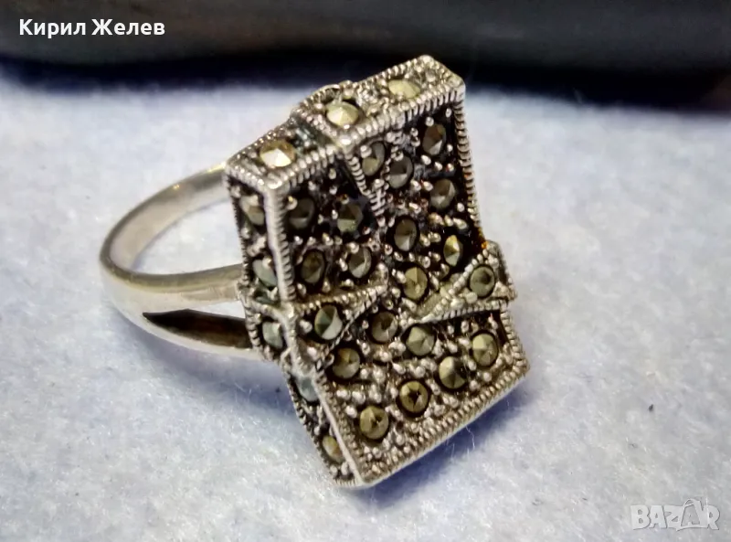 РАЗКОШЕН МАРКАЗИТЕН СРЕБЪРЕН ПРЪСТЕН СРЕБРО 925 с БЯЛА ПОЗЛАТА ИНКРУСТИРАН с КАМЪНИ МАРКАЗИТ 49114, снимка 1