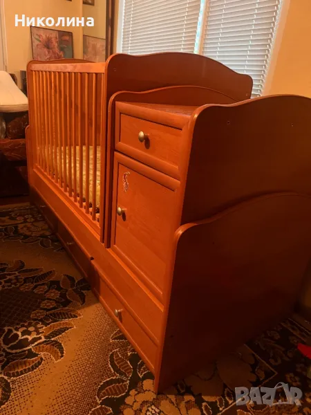 Бебешка кошара дървена 2 в 1 с люлеещ кош + 2 матрака, снимка 1