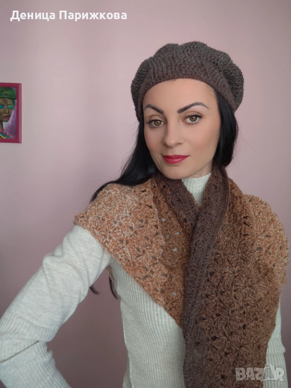 Ръчно плетен комплект „Алпака Елеганс“ – триъгълен ажурен шал и релефна барета (УНИКАТ), снимка 1