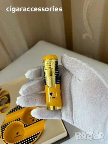Комплект Cohiba – запалка с 4 пламъка, пънч, ножче и пепелник за пури, снимка 3 - Запалки - 50898638