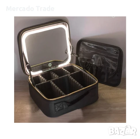 Несесер - куфар за гримове Mercado Trade, LED огледало, Черно , снимка 4 - Куфари - 50702352