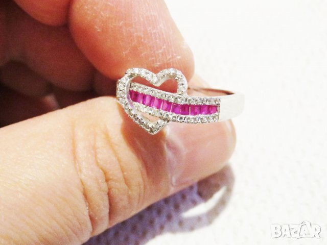 Дамски сребърен пръстен - Нежен красив сребърен пръстен със сърце цялото в камъни - сребро, снимка 2 - Пръстени - 32467315