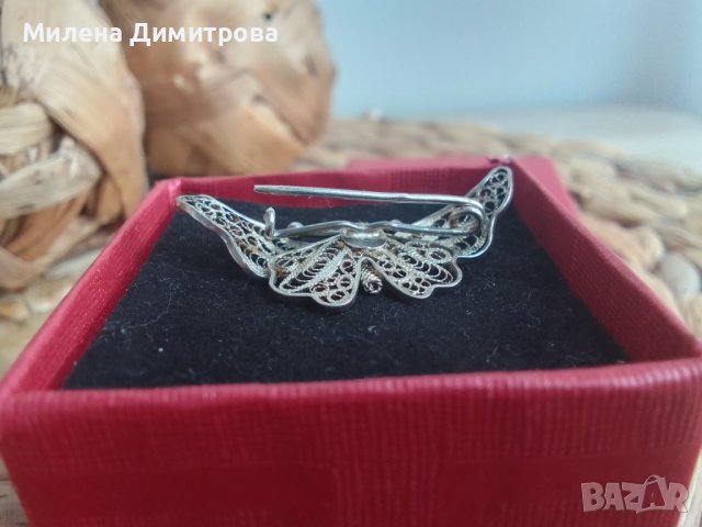 Сребърна брошка Пеперуда от филигран, снимка 4 - Колиета, медальони, синджири - 43620877