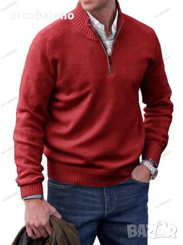 Ежедневен мъжки моден трикотажен пуловер с цип и ревер, 7цвята - 023 , снимка 2 - Пуловери - 43120580