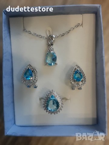 Много красиви сребърни комплекти с аквамарин обици пръстен и висулка със синджирче , снимка 6 - Бижутерийни комплекти - 27339052