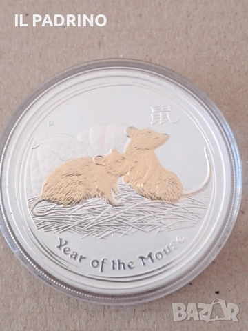 Сребро 1 oz Годината на Мишката 2008 Лунар Австралия с позлата, снимка 2 - Нумизматика и бонистика - 53111330