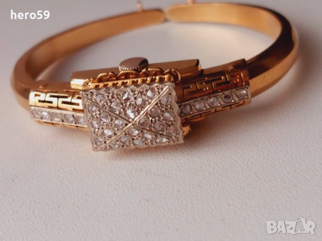 Дамскa златнa гривна-часовник 18 карата с 34 диаманта.Датира от началото на 20 век,марка Венус, снимка 11 - Гривни - 44086042