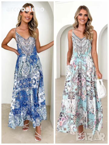 Дамска дълга рокля с щампи с V-образно деколте, 2цвята 