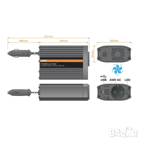 Монофазен токов инвертор Osram POWERinvert 150 12V DC към 230V AC, 150W, 2.1A USB, с един контакт, снимка 3 - Аксесоари и консумативи - 51060801