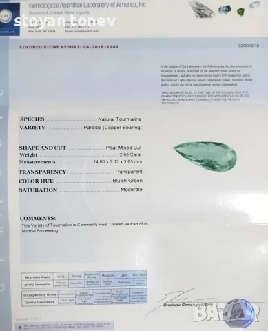 Параиба турмалин с кристално чист синьо-зелен цвят - 2.68кт.! Сертифициран! Нов!, снимка 4 - Колиета, медальони, синджири - 43826865