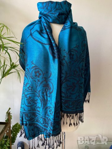 Маслено Зелен шал от 100 % пашмина, снимка 5 - Шалове - 43592477