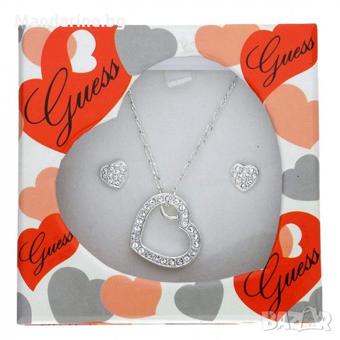 ПРОМО 🍊 GUESS 🍊 Комплект колие и обеци с кристали SWAROVSKI SILVER HEART нов с кутия и сертифика, снимка 3 - Бижутерийни комплекти - 26992526