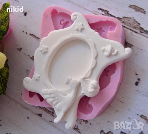 Бебешка рамка със щъркел пано силиконов молд форма фондан гипс шоколад декор, снимка 2 - Форми - 38810471