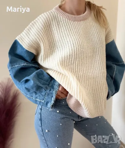 Топли пуловери с ръкав от деним. Син, сив, бежов, черен цвят. С,М,Л,ХЛ, снимка 2 - Блузи с дълъг ръкав и пуловери - 47682174