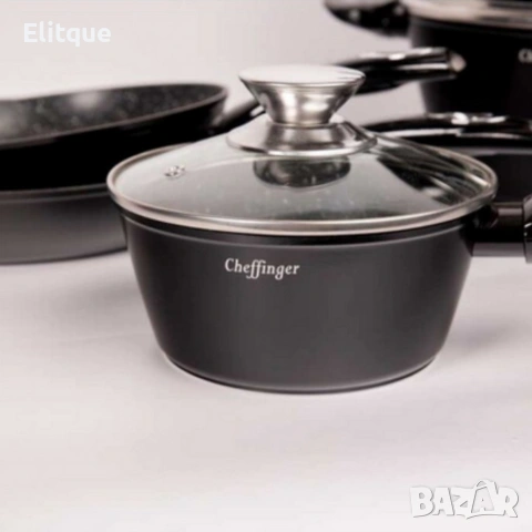 Комплект съдове за готвене Cheffinger от лят алуминий с мраморно покритие – 10 части, снимка 6 - Други - 53165297