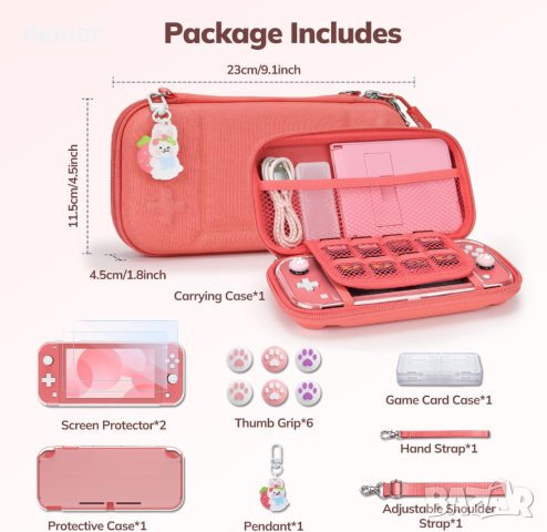Комплект аксесоари 14 в 1 за Switch Lite с калъф за носене цвят корал, снимка 5 - Други игри и конзоли - 43507180