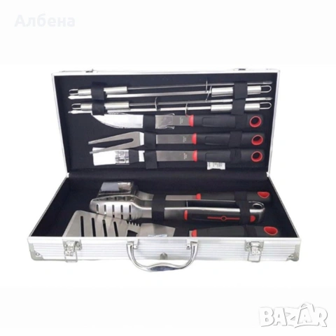 Луксозен комплект от 11 инструмента за барбекю в алуминиев куфар, снимка 2 - Други - 53479260